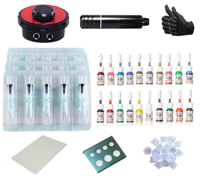 One Tattoo World - Rotary Tattoo Machine Kit, Gloves, Ink Caps, Paper, 20 x 5ml Inks, 20 Disposable Tattoo Cartridge Needles, and Power Supply, OTW-KPB01D