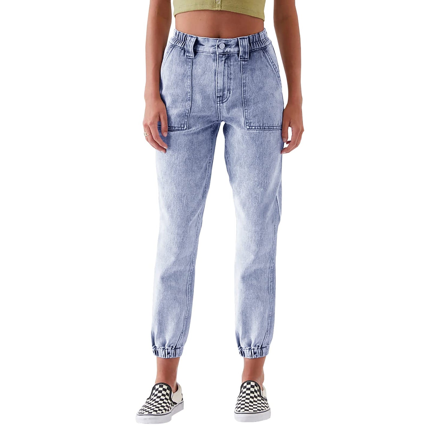 LONGYIDA High Waisted Denim Joggers Jeans for Women Elastic Waist Stretch Boyfriend Cargo Denim Pants (Light Blue 2, S)
