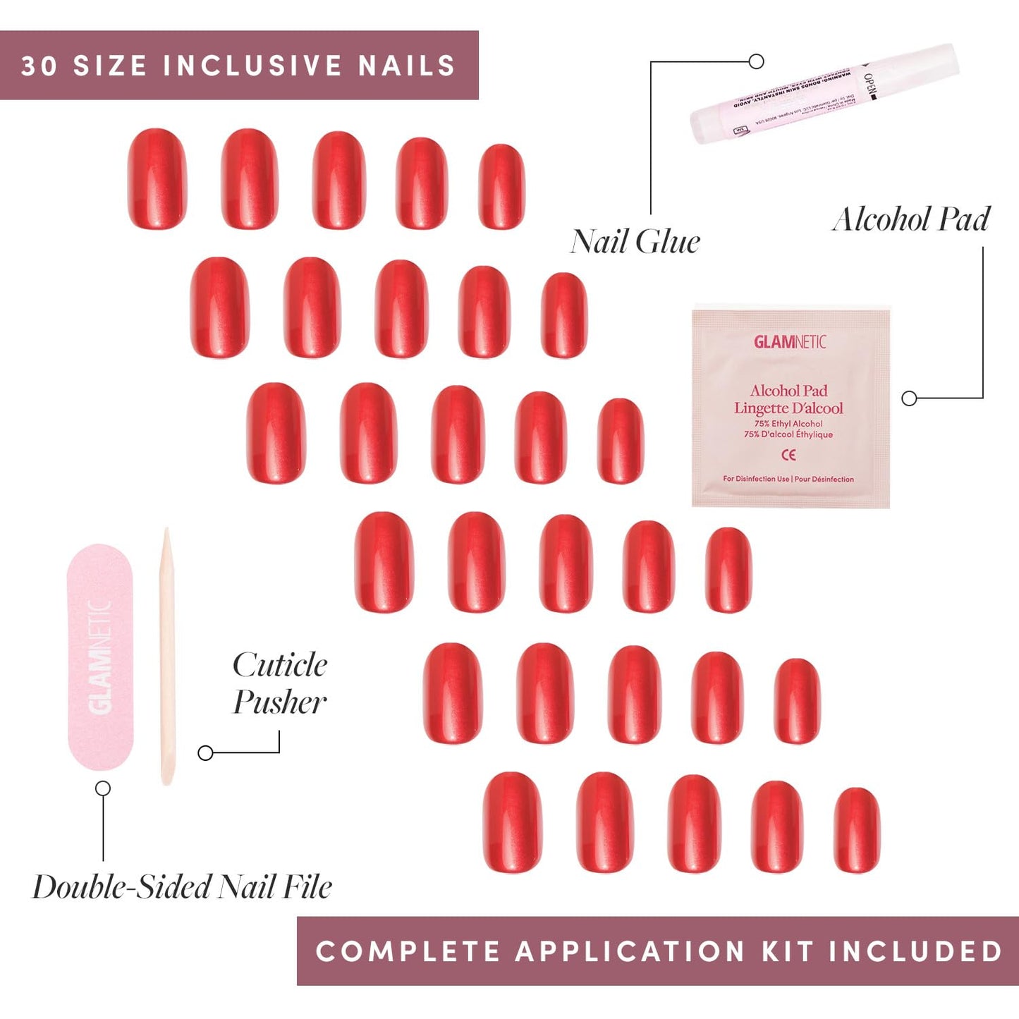 Glamnetic Press-On Nails - Cherry Glaze Short Round Bright Red Nails | 30-Piece Kit with Glue & 32 Toe Nails