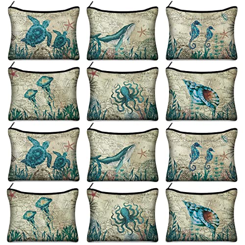 Sanwuta 12 Pcs Sea Tropical Cosmetic Bags Retro Animal Seahorse Travel Bags Beach Makeup Bags Zipper Small Pouch Vintage Turtle Whale Seashell Bag Under The Sea Purse Toiletry for Women Party Gift