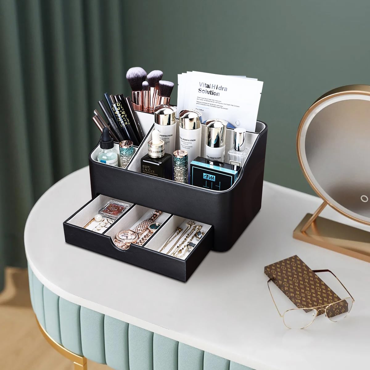 KINGFOM Leather Makeup Organizer with Drawer, Cosmetic Storage for Dresser Countertop and Bathroom Vanity, Beauty Holder for Lipstick Brush Skincare, Mother’s Day Gift for Mom(Black)