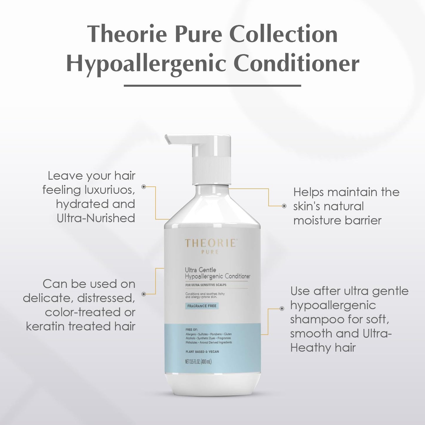 Theorie Pure Ultra Gentle Hypoallergenic Conditioner - Vegan, Plant-Based Formula for Itchy Skin | Fragrance-Free, 400mL Pump Bottle