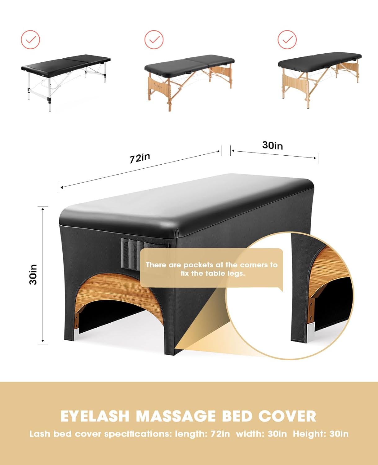Lash Bed Cover for Eyelash Extensions - Waterproof PU Leather & Stretchy Spandex | 6ft Black Massage Table Cover with Side Pocket