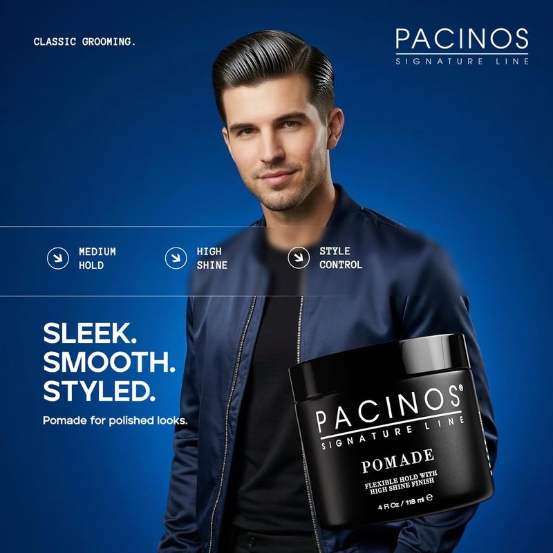 Pacinos Pomade - Flexible Hold, Frizz Control - High Shine Pomade for All Hair Types - 4oz