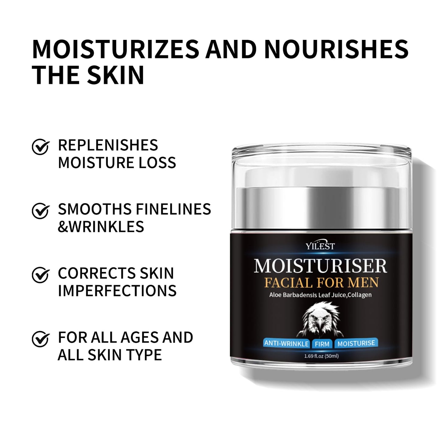YILEST Men's Anti-Wrinkle Firming Face Moisturizer, Lightweight Daily Hydrating Cream with Aloe & Collagen, Reduces Fine Lines, Nourishes All Skin Types, 1.69 Fl Oz