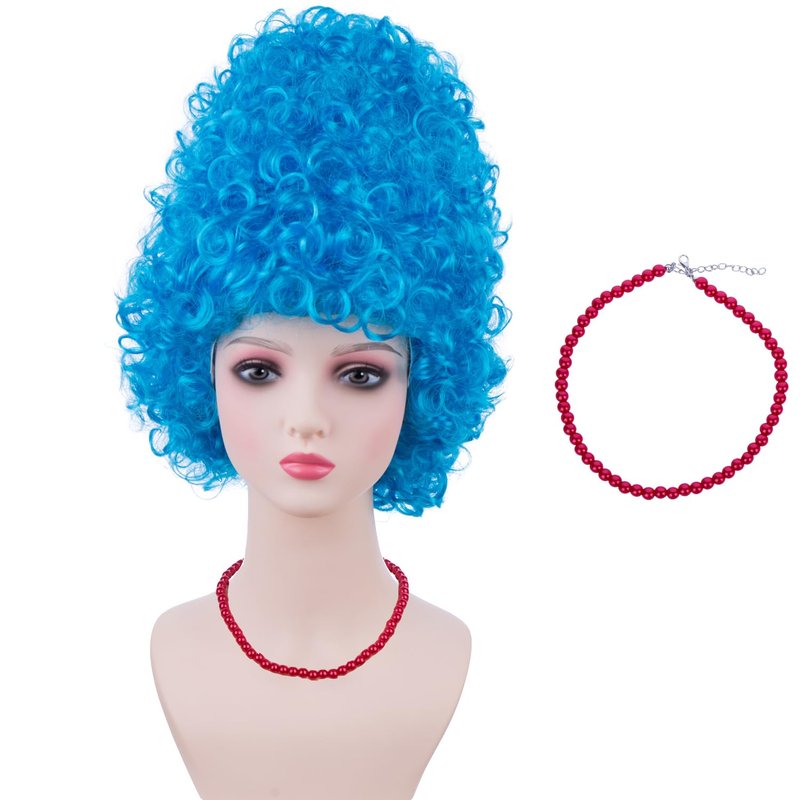 PATTNIUM Blue Beehive Wig for Women Curly Blue Wig Costume Party Wigs with Red Necklace