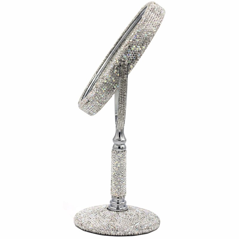 Bestbling Bling Rhinestone Double-Sided Tabletop Makeup Mirror, Round Metal Makeup Mirror with 1:2 Magnifying Mirror, Rotating Mirror (Silver)