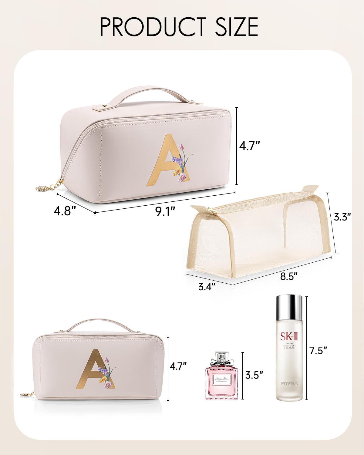 VLANDO Makeup Bag, Graduation Gifts for Girls,Personalized Makeup Bag,Makeup Organizer Bag,Preppy Stuff Gifts for Teen Girls Birthday Gift for Women Friends Sister(Letter A)