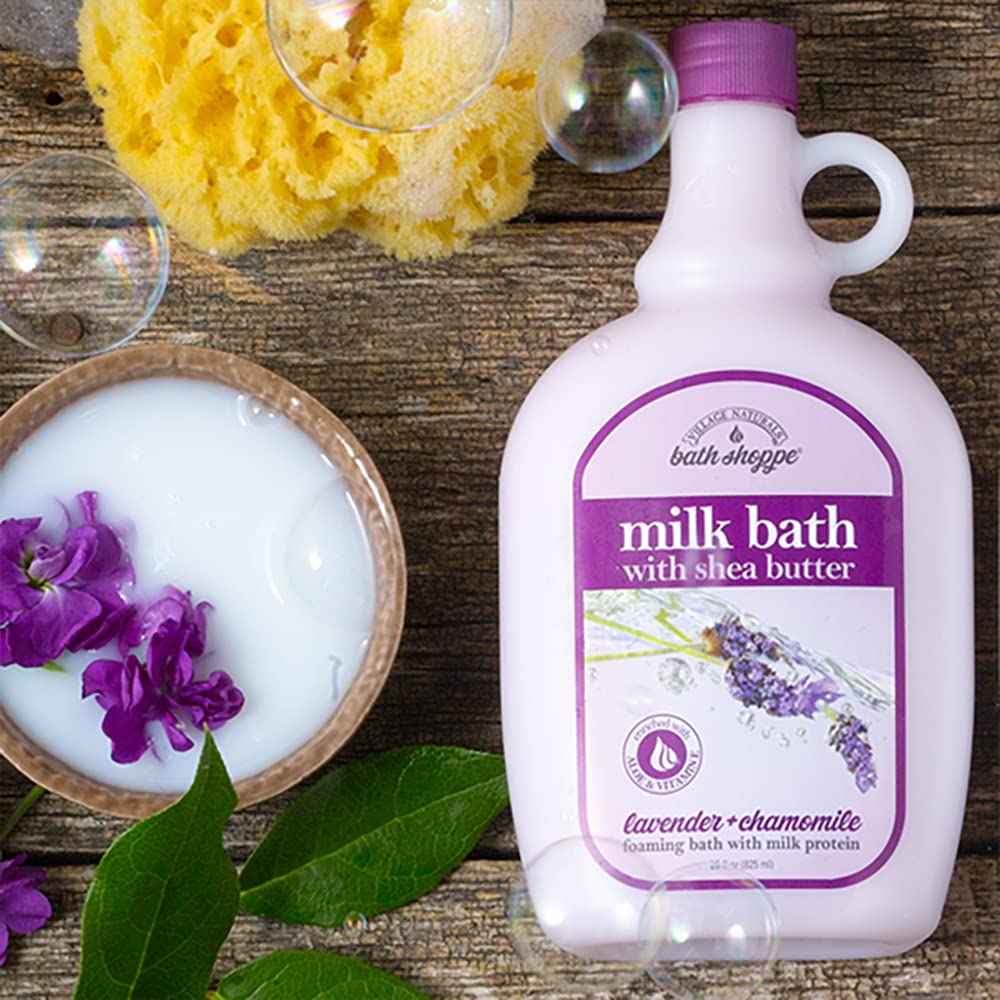 Village Naturals Bath Shoppe Moisturizing Lavender Chamomile Milk Bath - Hydrates Skin - Made with Shea Butter and Vitamin E (Pack of 2 Bottles, 28 fl oz Each)