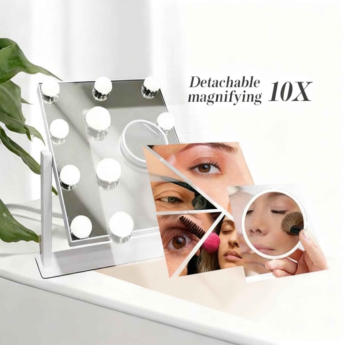 SLIMOON Makeup Vanity Mirror with LED Lights Makeup Mirror Detachable 10X Magnification, Hollywood Make Up Mirror with Lighting, Smart Touch, Rechargeable,360° Rotation, White 13.77"x 11.81"