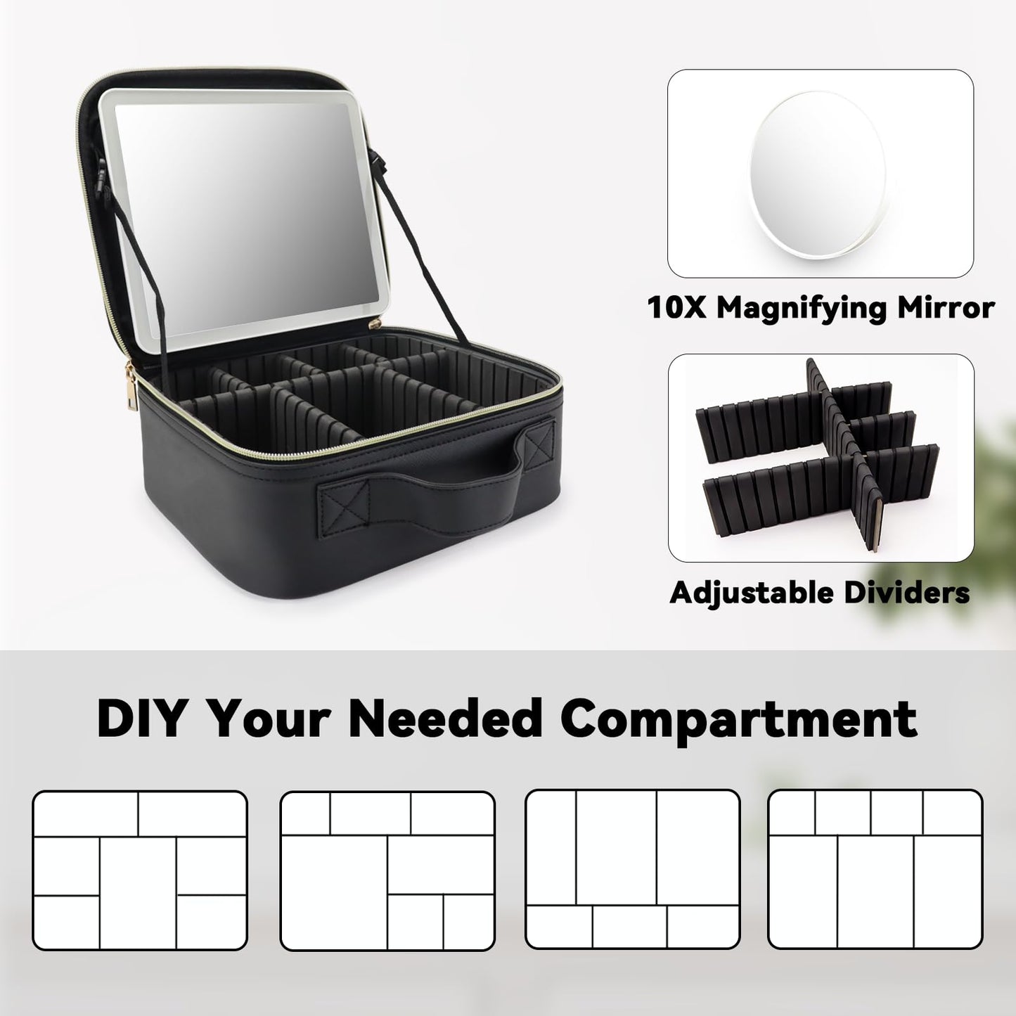 SLUMAZI Travel Makeup Bag with LED Mirror and 10x magnifying glass with 3 Lighted Settings, Adjustable Dividers and Makeup Brush Storage Bag Black