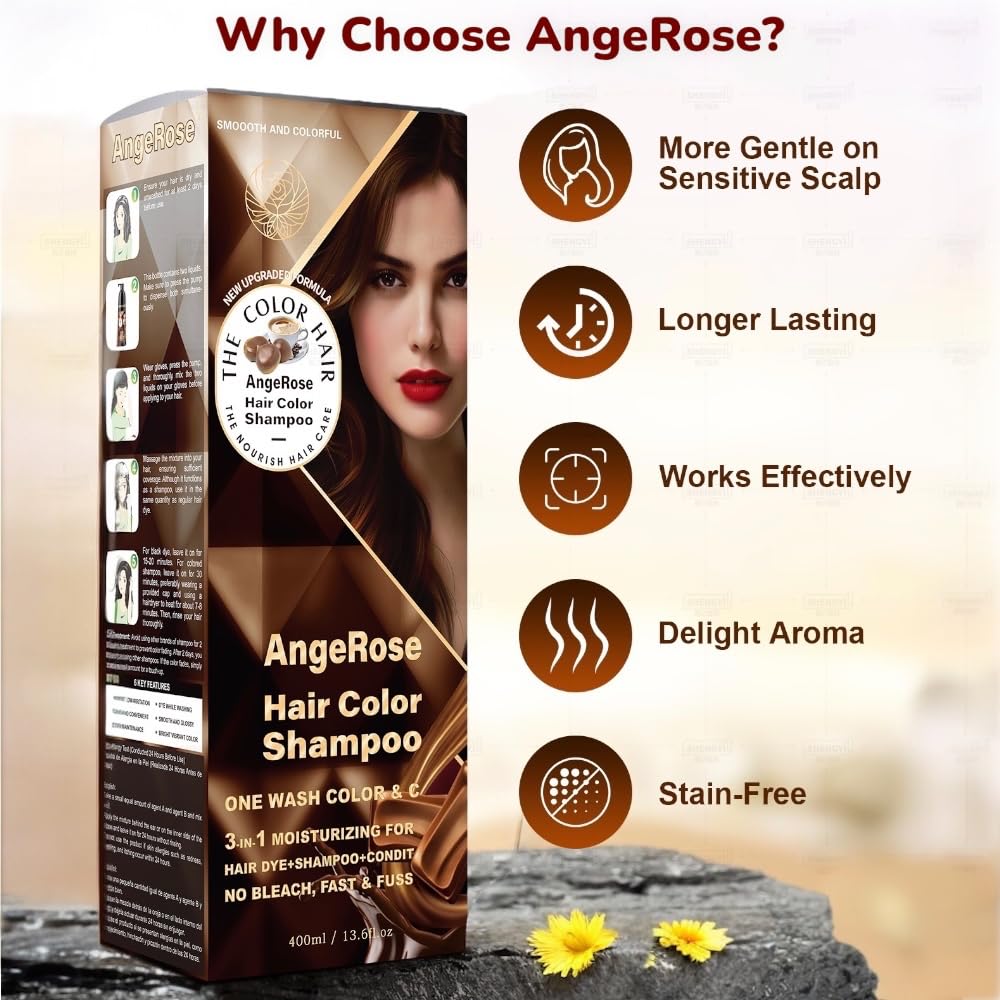 AngeRose Hair Dye Shampoo 3 in 1, Instant Herb Ingrident Hair Dye to Cover Gray Hair, Long-lasting & Natual, Wine Red, 400 ML