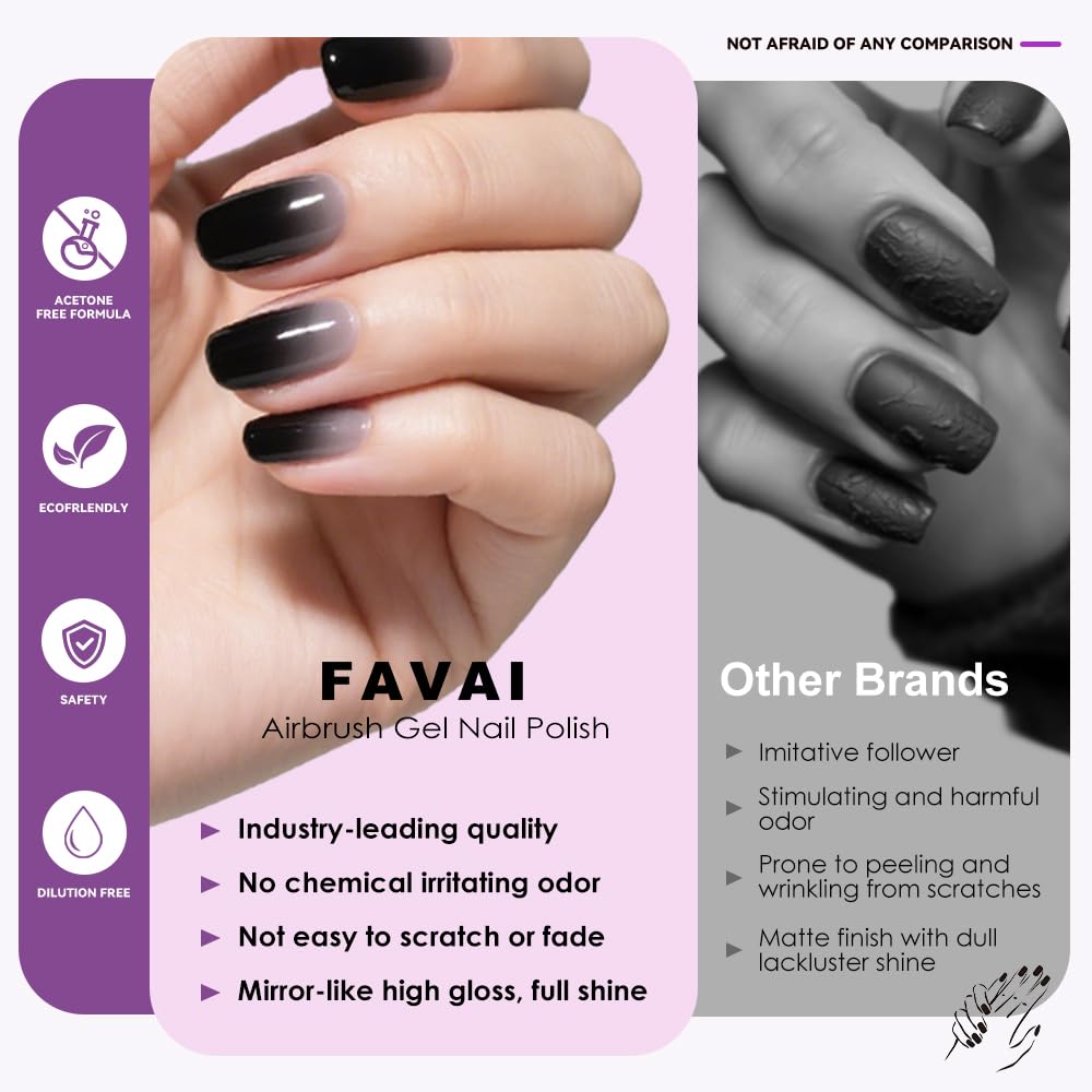 FAVAI Airbrush Gel Nail Polish Starter Kit, 12 Vibrant Colors Hema-Free Dilution-Free Non-Acetone, Fast Dry Smooth Gradient, Salon Quality French Ombre Nail Art Design for Home DIY Manicure