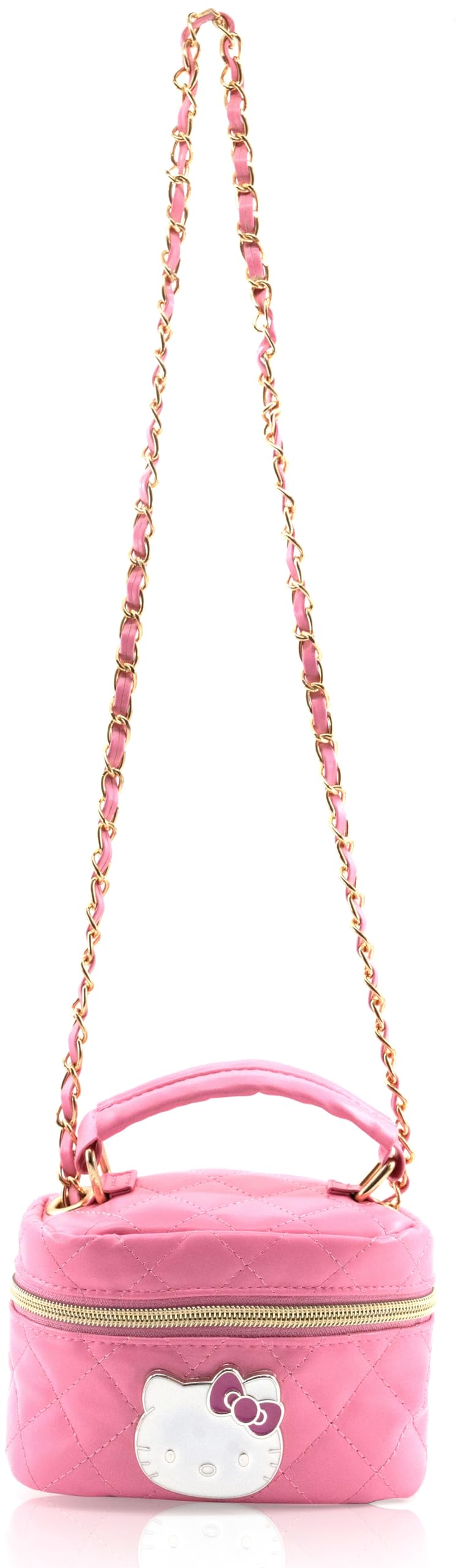 Sanrio Hello Kitty Crossbody Bag for Women | Pink Quilted PU Leather Mini Purse with Gold Chain Strap | Cute Hello Kitty Handbag, Top Handle Bowler Bag, Y2K Kawaii Aesthetic for Teens, Girls