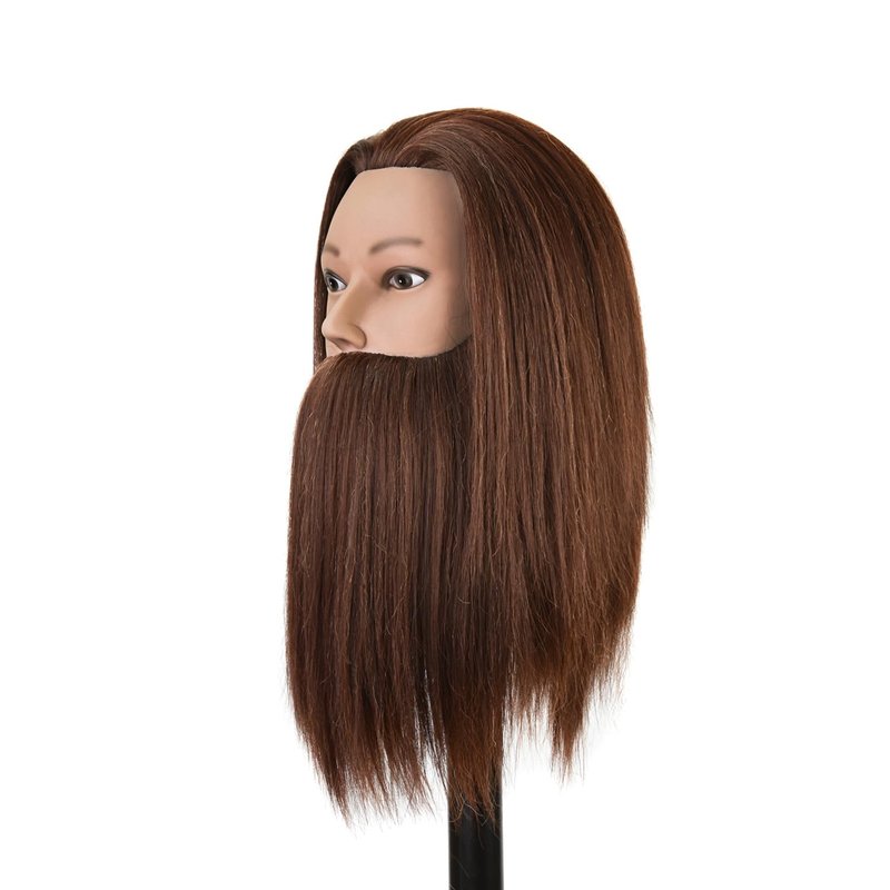 Male Mannequin Head 100% Human Hair Training Head 14 Inch Barber Manikin Cosmetology Doll Head for Hair Styling and Practice with Wig Clamp Stand (with Beard,Brown)