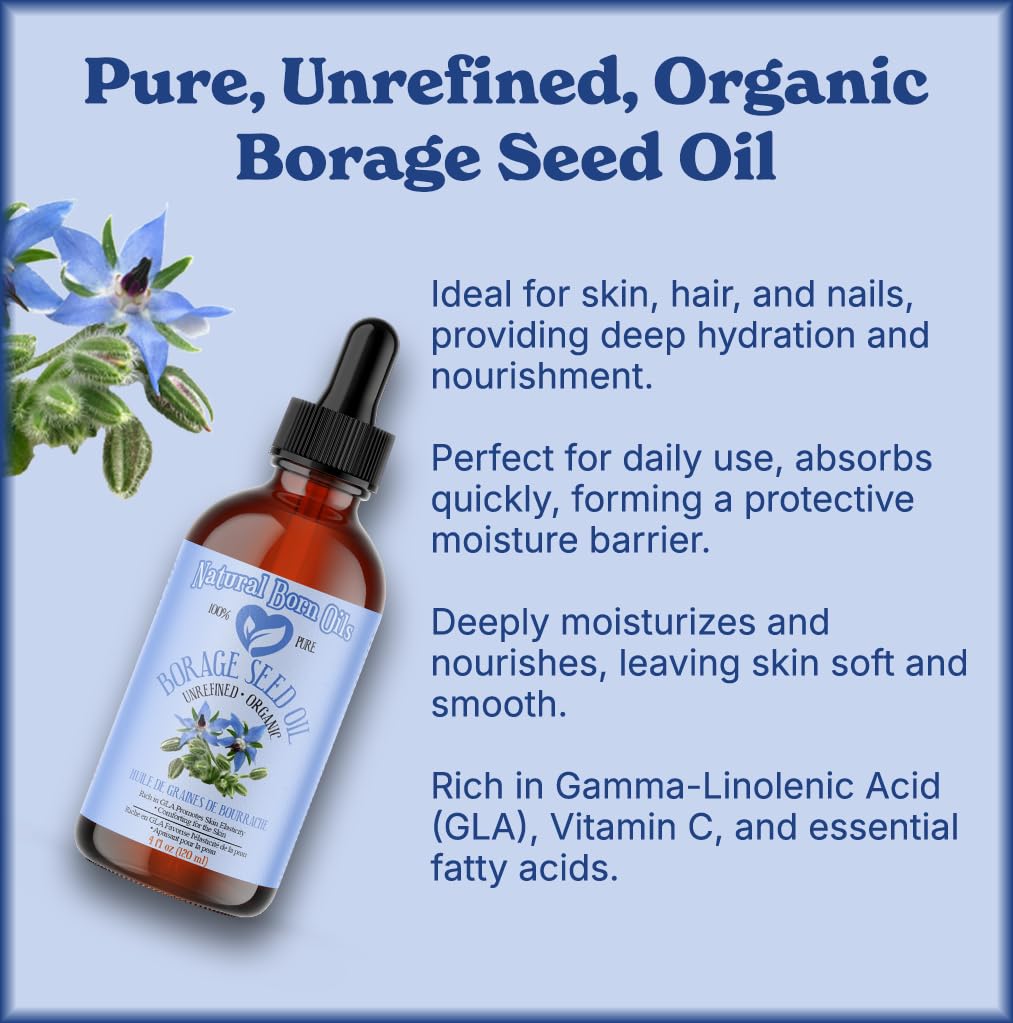 Natural Born Oils Borage Seed Oil, 16oz, Organic, Cold-Pressed, Carrier Oil, High GLA, Vitamins & Minerals, Deep Skin Nourishment, Hair Vitality