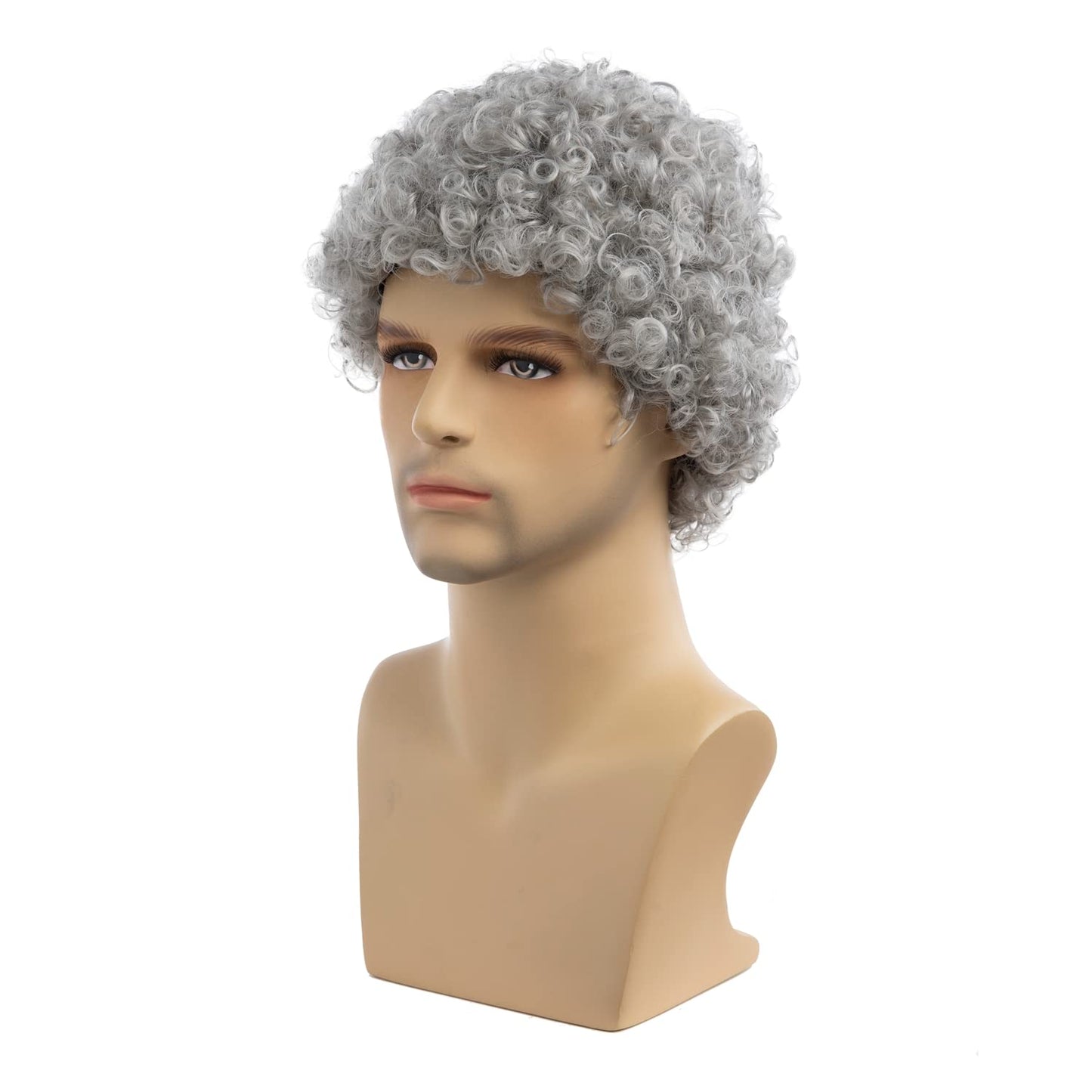 Wiwige Grey Afro Wig for Men Short Curly Halloween Disco Rock Heat Resistant Synthetic Wigs with Wig Cap