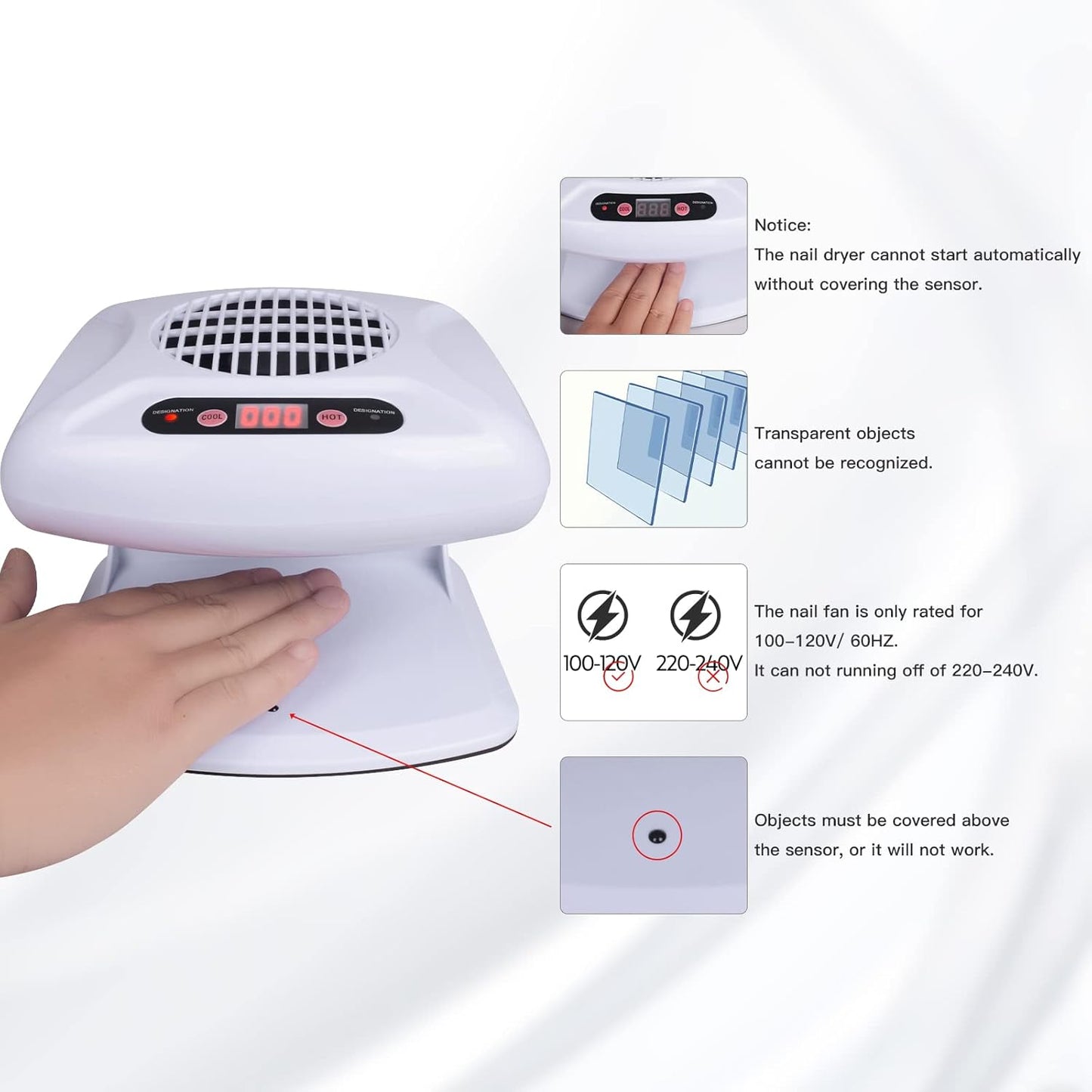 Air Nail Dryer - Automatic Sensor 300W Timing Fan for Hands & Feet | Warm & Cool Wind, Light Blue