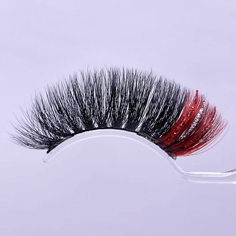 Voluminous Black False Eyelashes with Red Highlights - 18mm Faux Mink Strip Lashes for Dramatic Rave & Cosplay Looks