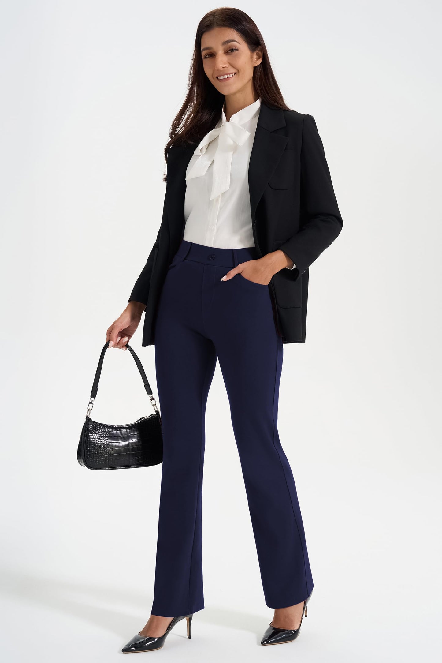 AFITNE Women's Yoga Dress Pants Stretchy Straight Leg Bootcut Work Travel Pants Business Office Casual Slacks with Pockets 31" Navy, L