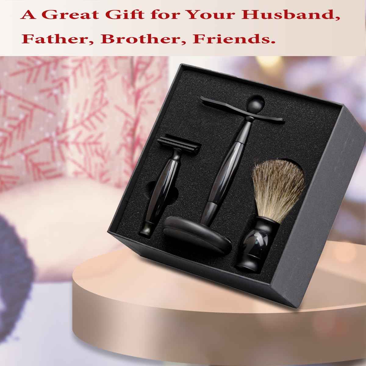 Danweix Black Wet Shaving Kit for Men, 3 in 1 Set with Badger Hair Brush, Double Edge Safety Razor, Alloy Stand Holder