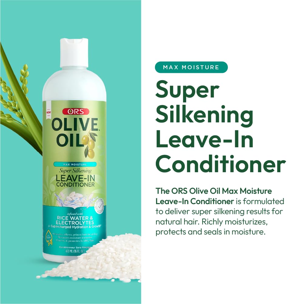 ORS Olive Oil Leave-In Conditioner - Max Moisture with Rice Water & Electrolytes | 16 oz (Pack of 4)