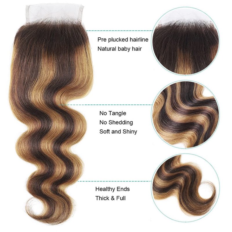Isufer Highlight Lace Closure Human Hair Pre Plucked With Baby Hair 4/27 Closure Body Wave Brown To Honey Blonde Two Tone Closure Human Hair 4X4 Free Part Bleached Knots Brazilian Virgin Hair 10 Inch