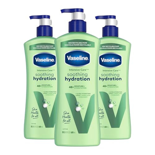 Vaseline Intensive Care Body Lotion for Dry Skin Soothing Hydration Lotion Made with Ultra-Hydrating Lipids + 1% Aloe Vera Extract to Refresh Dehydrated Skin 20.3 oz, Pack of 3 (packaging May Vary)