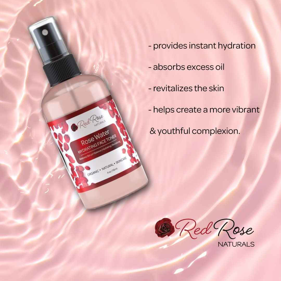 Red Rose Naturals Rosewater Toner, 100% Natural Hydrating Rose Water for Hair and Face, Gentle Formula, Suitable Sensitive Skin, Alcohol Free 4 oz. Spray Bottle
