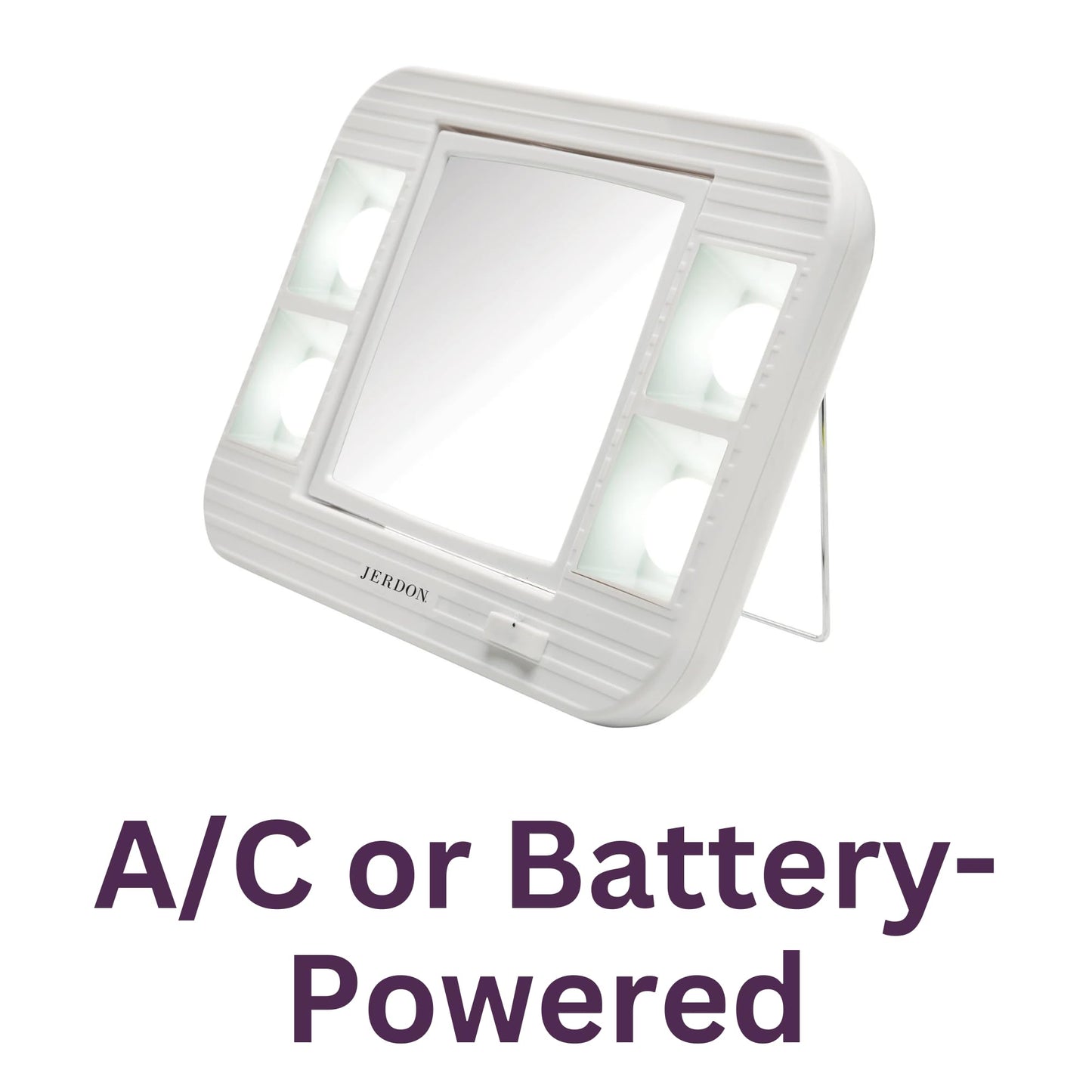 JERDON Two-Sided Makeup Mirror with Lights - Vanity Mirror with 5X Magnification & Two Setting Glare-Free Lighting - White Base - Model J1015