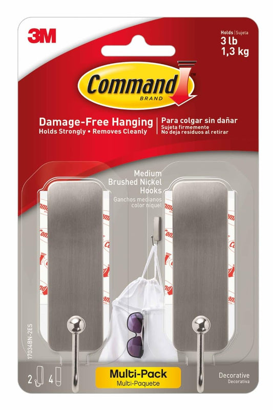 Command Medium Brushed Nickel Wall Hooks, 2 Coat Hooks and 4 Command Strips, Damage-Free Hanging with Adhesive, No Tools Great for Hanging Home Decor, Holds up to 3 lb