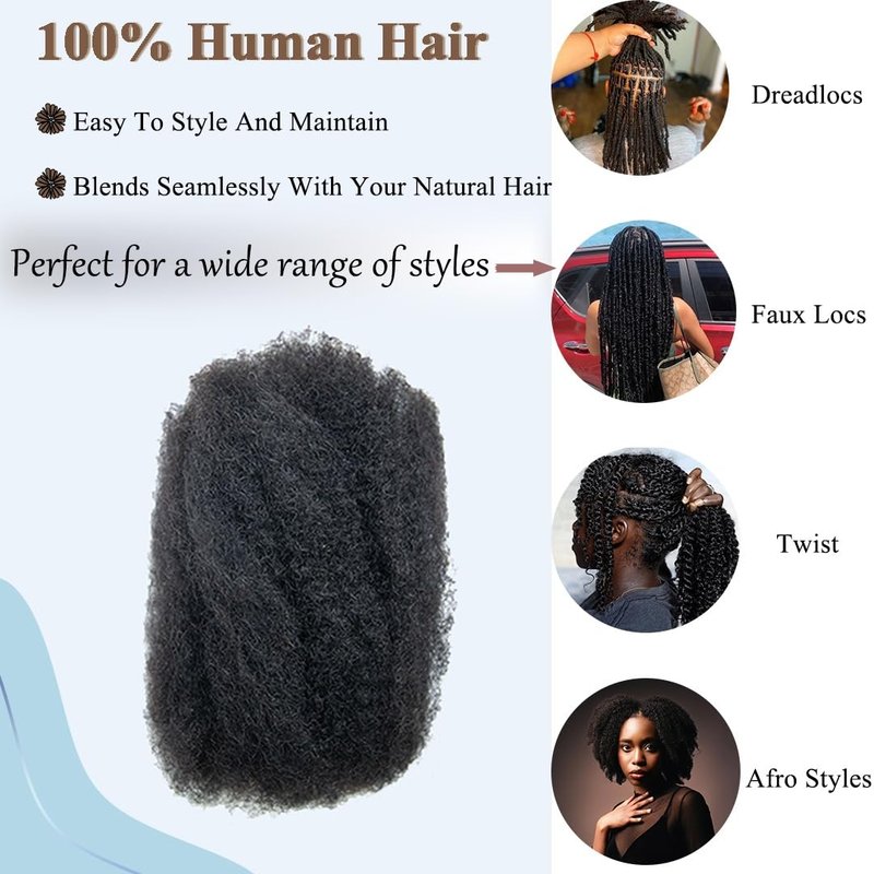Afro Kinkys Bulk Human Hair Extensions Maroochin 100% Human Hair for Mini Twist, Braids, Dreadlocks, Loc Extensions 50g 12" #1B