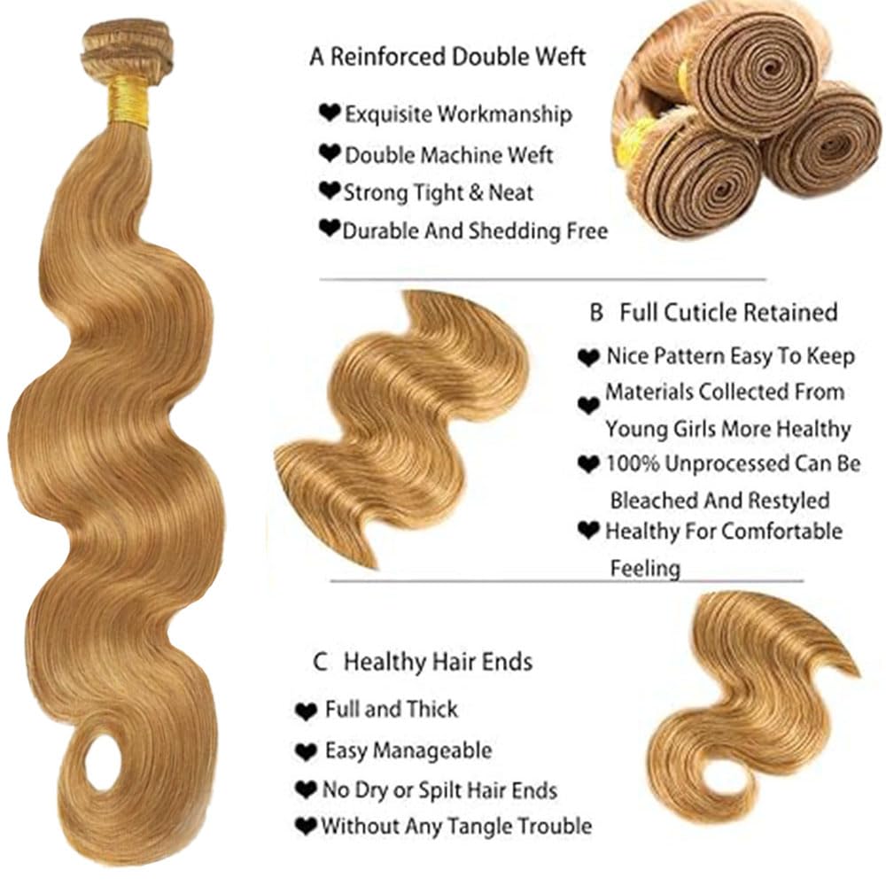 #27 Honey Blonde Bundle Human Hair Blonde Human Hair Bundles Body Wave 1 Bundle Color 27 22 Inch Blonde 100G/PC Unprocessed Brazilian Virgin Double Weft Hair Extension