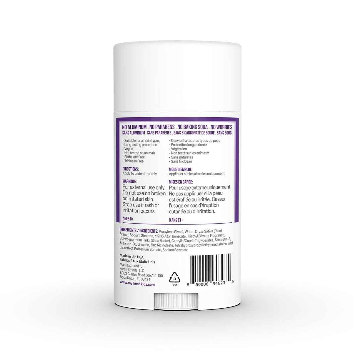 Fresh Kidz Deodorant Stick for Kids and Teens - Baking Soda and Aluminum-free 24 Hour Protection for Sensitive Skin - Girls "Purple", 2.65 oz / 75 g (2 Pack)