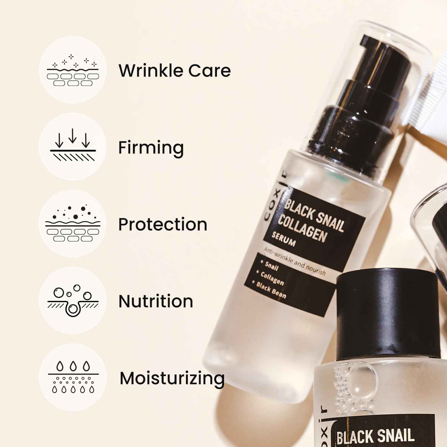 coxir BLACK SNAIL COLLAGEN SERUM l Black-3-Complex: Black Rice, Bean, Sesame, Snail Mucin, Collagen, Peptide l Firming&Lifting l Korean Skin Care l Cruelty-Free, No Pareben [50ml/1.69 fl.oz]