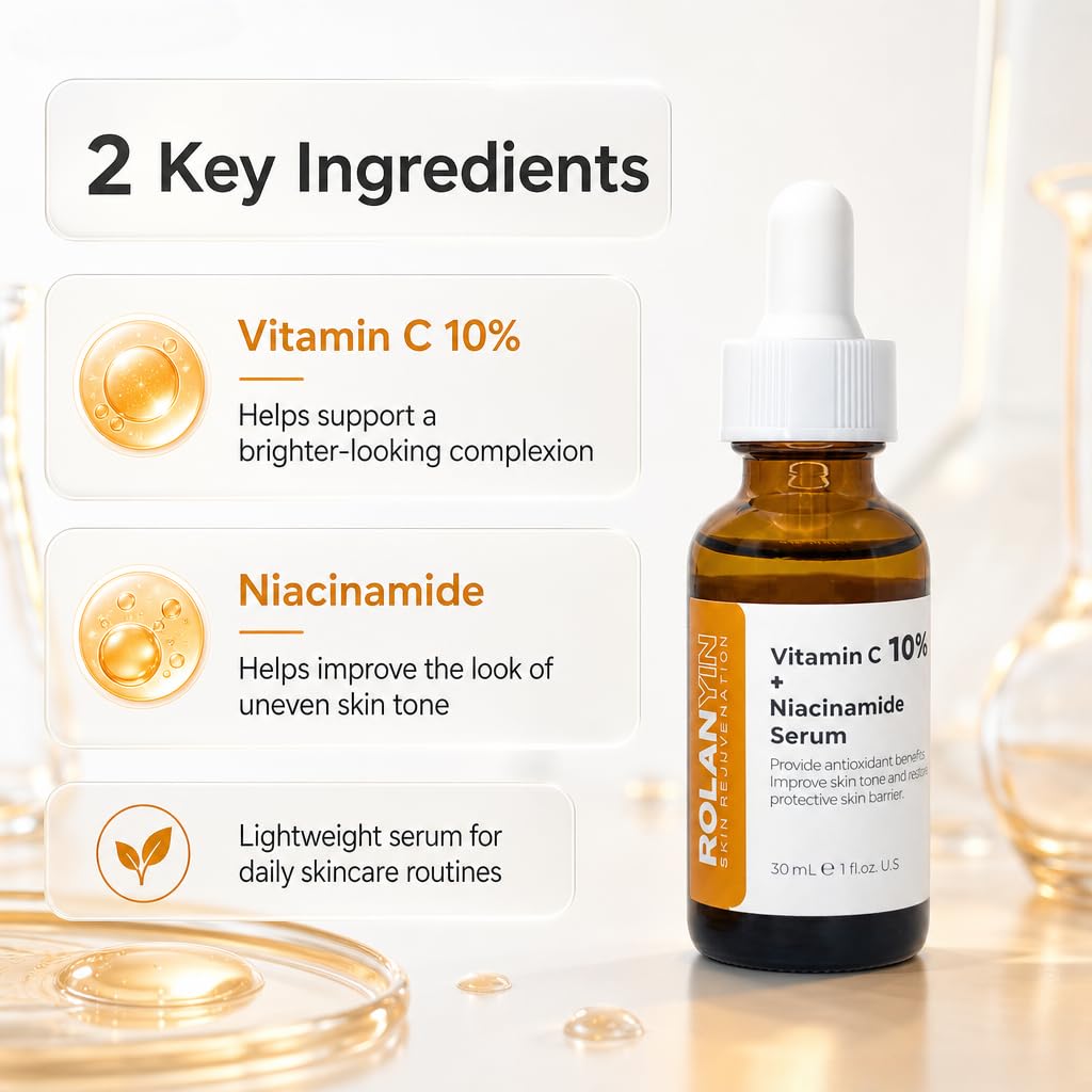 ROLANYIN Vitamin C 10% + Niacinamide Facial Serum Hydration Reducing Fine Lines Wrinkles Skin Firming Anti Aging Formula Boosting Radiance Improving Texture Skin Care