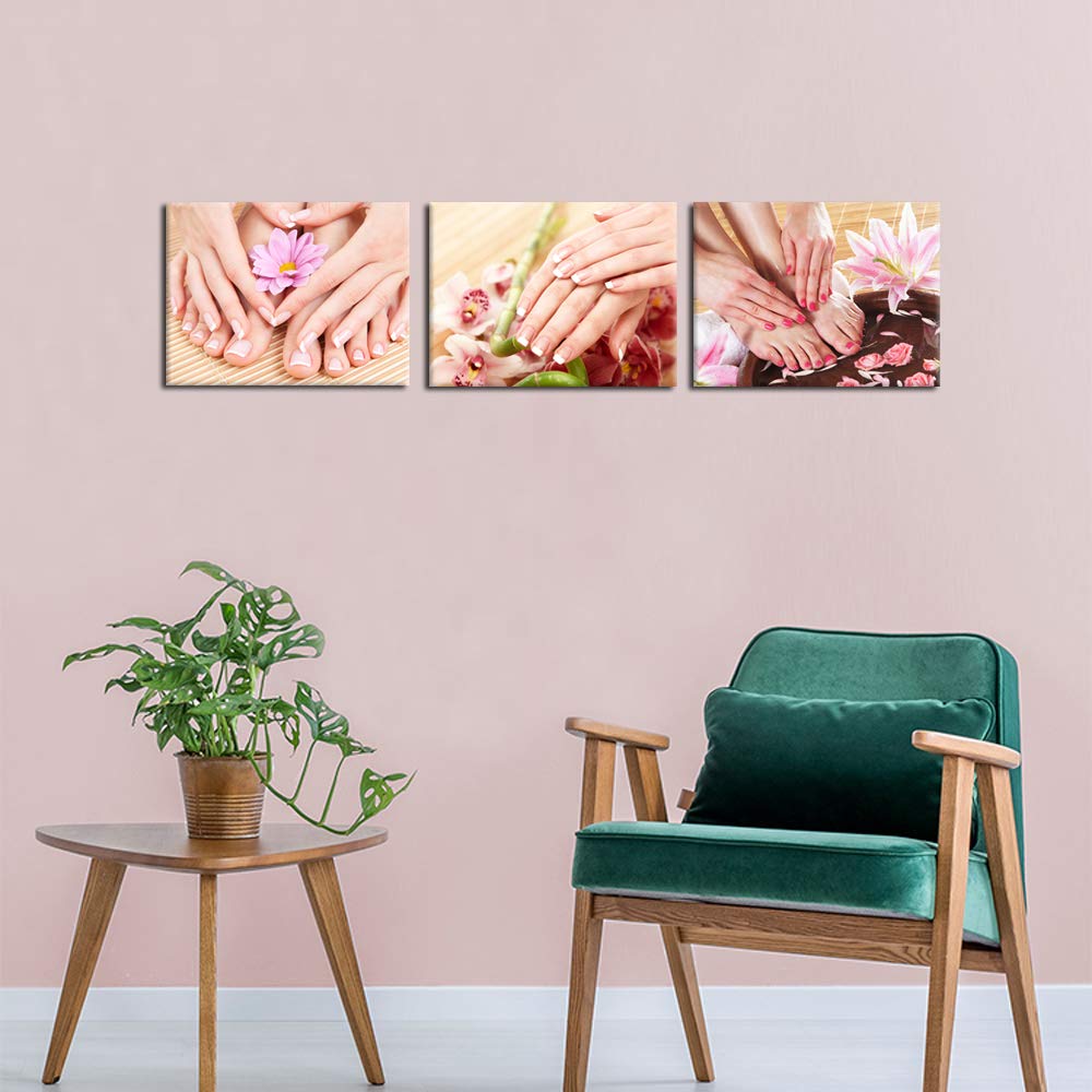 iKNOW FOTO Canvas Set of 3 Wall Art Manicure Painting Hands Foot Bath Massage Spa Still Life with Flowers Pictures Nails Beauty Salon Posters Printed Giclee Print Gallery Wrap for Walls