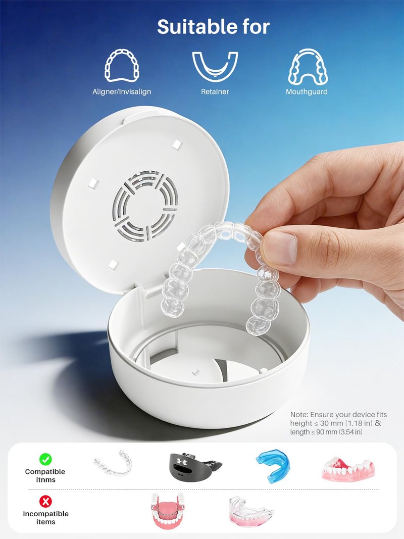 Voraiya UV Retainer Case with Fan, Portable Cleaning Denture Cases with UV Lights Rechargeable Retainers Cleaner Container for Partial Denture, Aligners, Mouth Guard, Night Guard, Braces