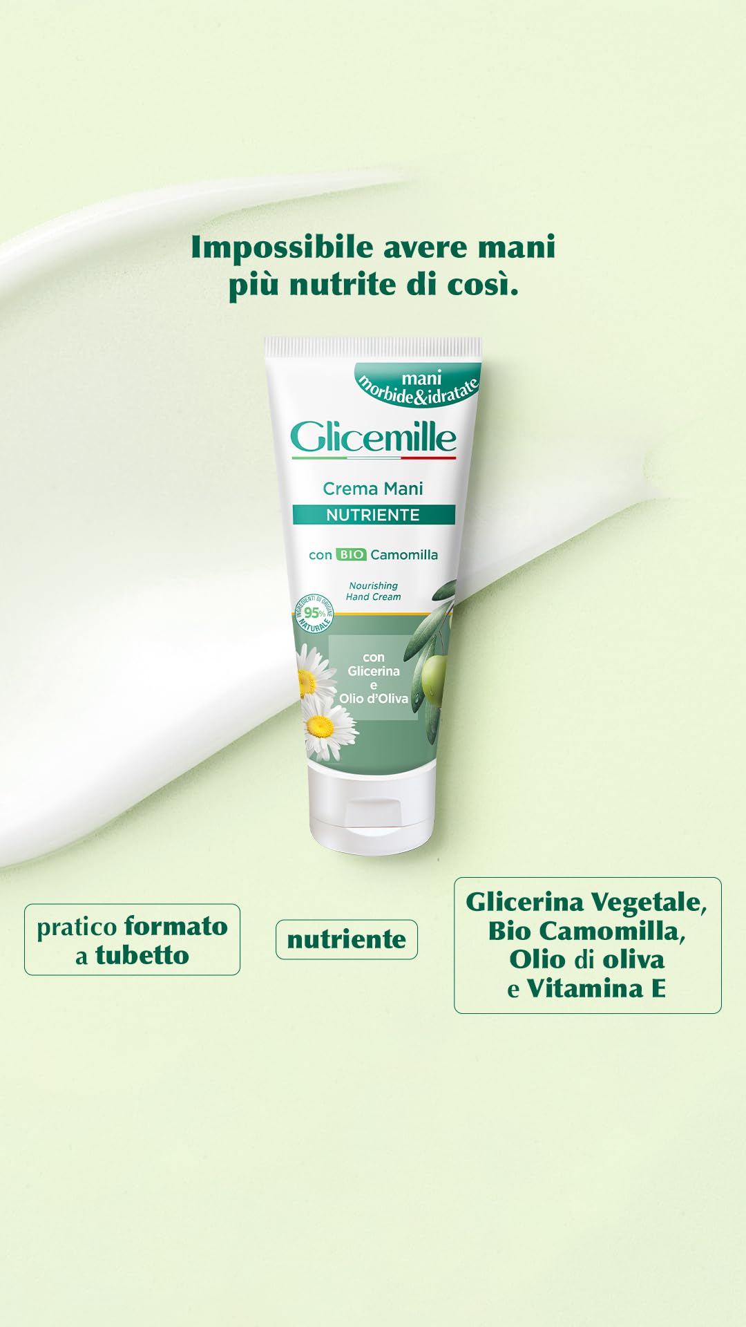 Glicemille Nourishing Hand Cream with Chamomile, Glycerin and Olive Oil, 100 ml (3.3 Fl Oz), 1 unit - Made in Italy