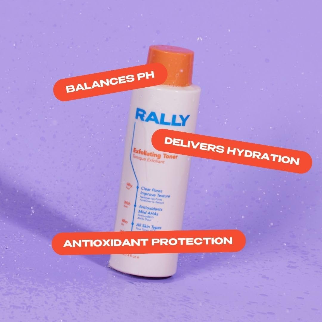RALLY Daily Cleansing Exfoliating Toner with Mild Plant-Based AHAs | Waterless On-The-Go Cleanse | Clear Pores + Improve Texture | Refresh Teen + Post Workout Skin 4 OZ