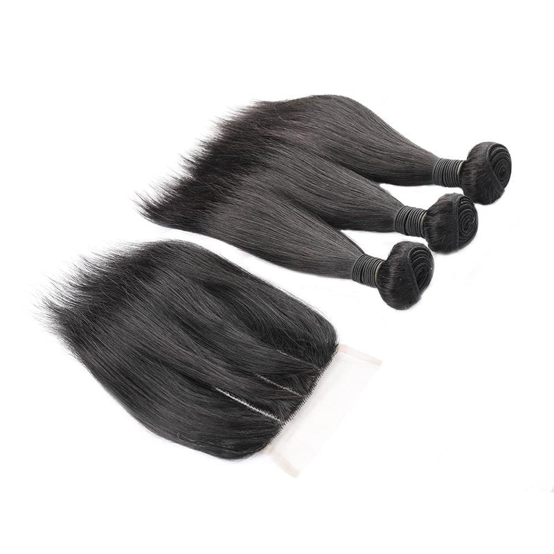 SINGLE BEST Brazilian Human Hair Bundles with Closure 10A Straight Bundles with Lace Closure 3 Bundles Human Hair with Lace Closure Free Part Natural Color (Straight, 8 8 8+8inch)