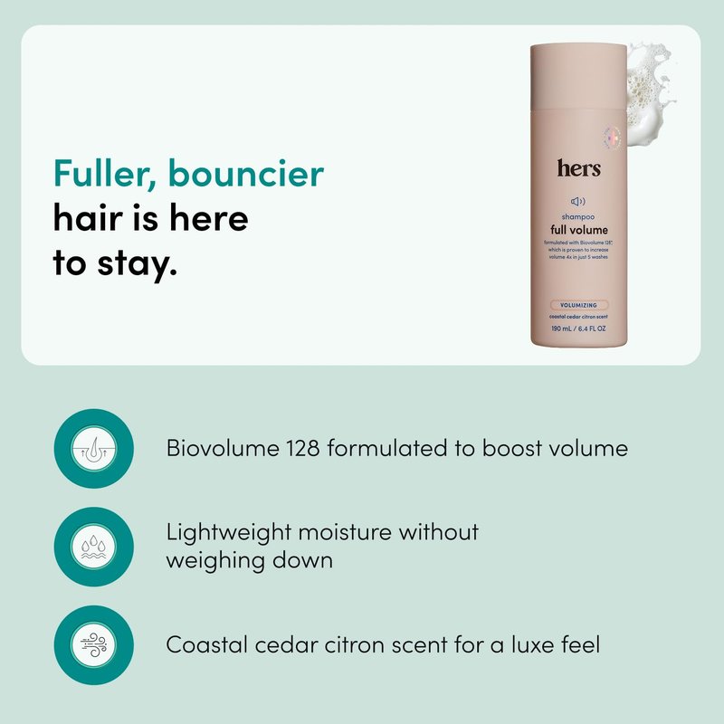 hers Full Volume Shampoo - Rice Protein & Biotin Formula - Fine Hair & Root Lift Daily Shampoo - Volumizing Hair Care - Coastal Cedar Citron Scent - 6.4 Fl Oz, 2 Pack
