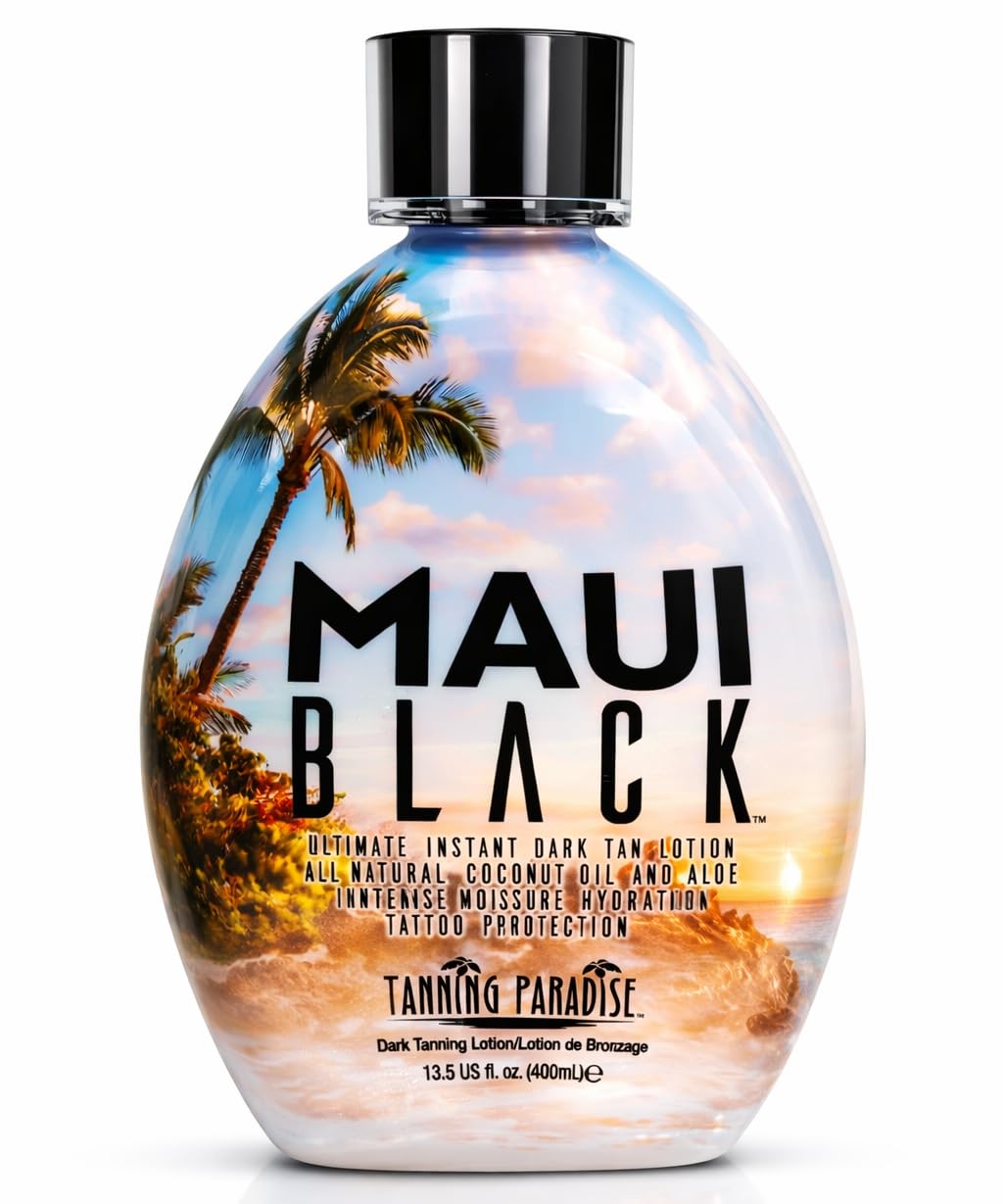Maui Black Tanning Lotion - Instant Dark Tan with Coconut Oil & Aloe | 13.5oz Hydration Boost & Tattoo Protection