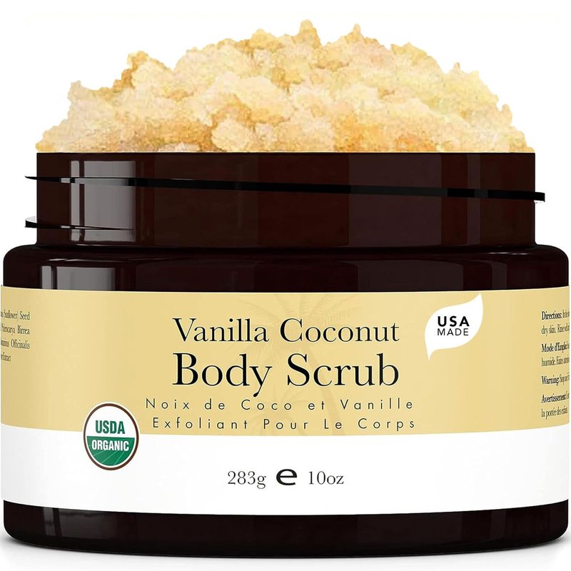 Organic Vanilla Coconut Body Scrub - Natural Sugar Exfoliator for Dry Skin | Moisturizing & Gentle on Sensitive Skin