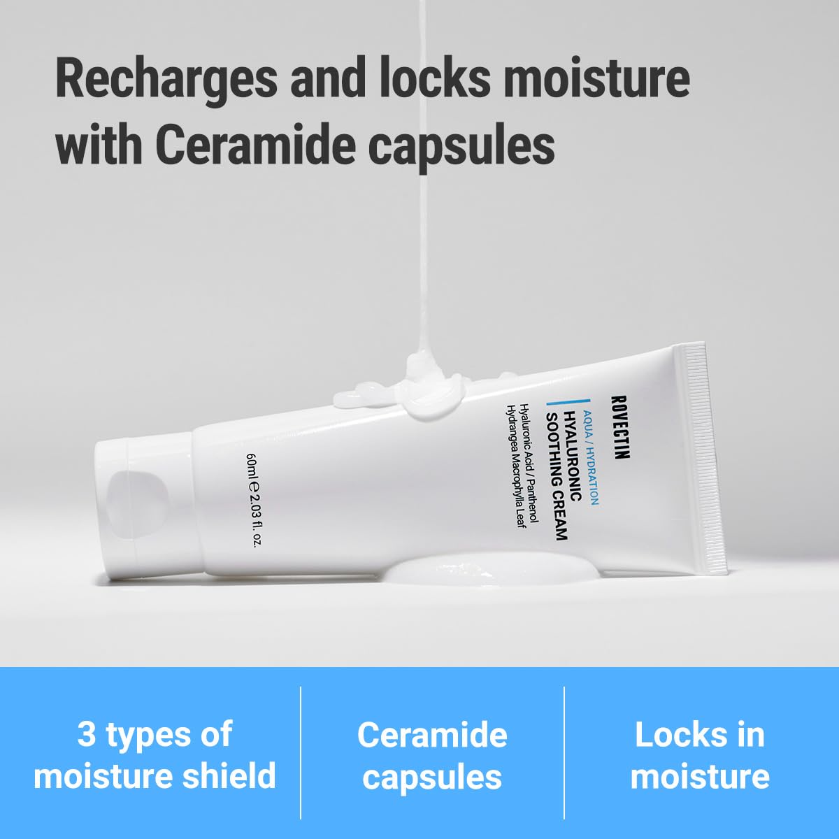 ROVECTIN Aqua Hyaluronic Soothing Cream - Skin Barrier Repair with Ceramide, Hyaluronic Acid, Niacinamide | Intense Hydrating Cream | Fragrance Free, Vegan, Korean Skincare (2.03 fl oz)