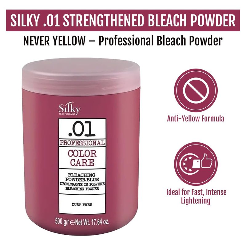 Silky Technobasic .01 Hair Bleach Powder with Blue Micro Pigment - Anti-Yellow Action Bleach for Dark Hair with Fast Lightening & Up to 7 Lifting Tones - Bleaching Powder Ideal for All Hair Types