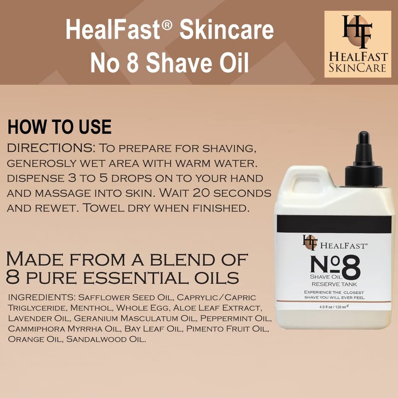 HealFast No. 8 Shave Oil, 4 oz, Premium Shaving Oil for Men & Women, Helps Prevent Razor Burn, Razor Drag & Ingrown Hairs, Softens Hair and Cleanses Pores, Pre & Post Shave