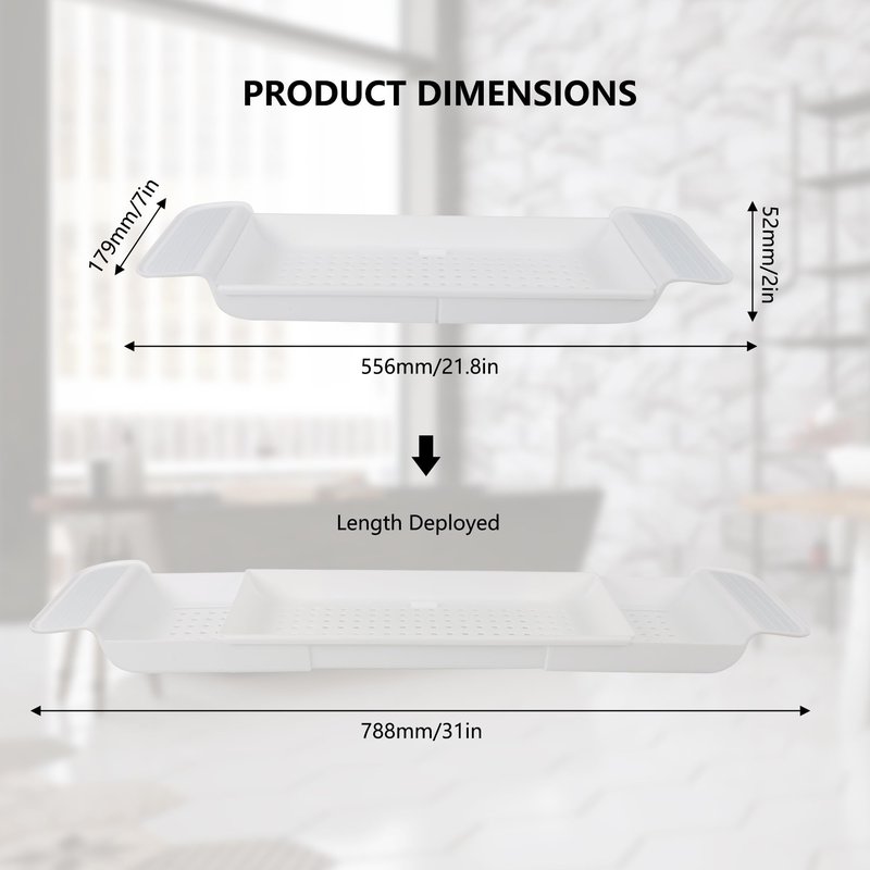 Bath Tub Tray - Stretchable, Strong Load-Bearing, Plastic, Anti-Slip Design - Ultimate Bathtub Caddy Tray (White)