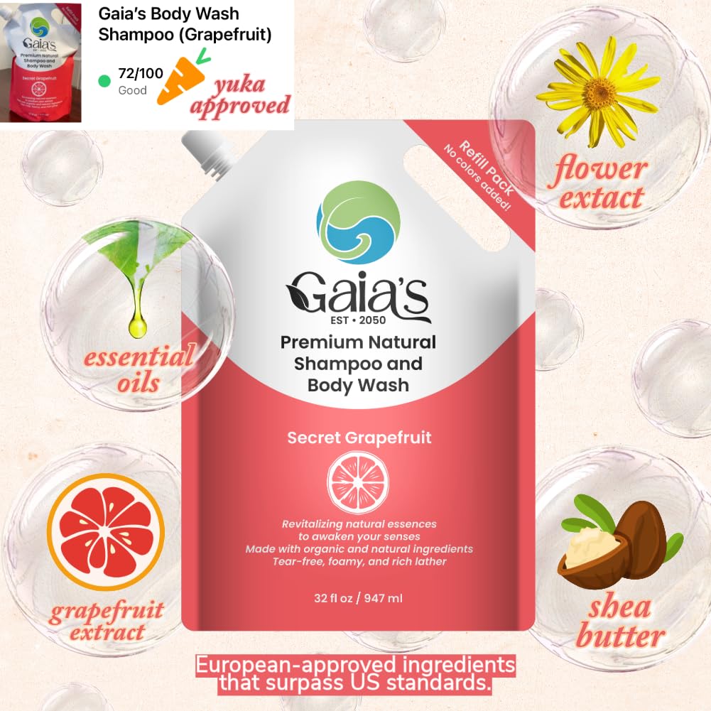 GAIA's Natural Body Wash & Shampoo - Grapefruit | 64 Fl Oz, Sulfate-Free, Organic Ingredients, pH Balanced