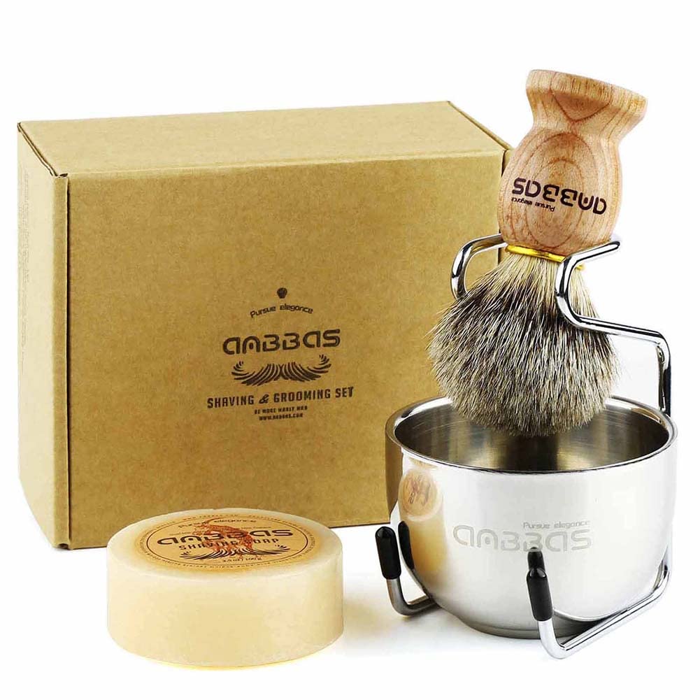 Anbbas 4in1 Badger Hair Shaving Brush Set, with Goat Milk Soap Refill,Stainless Steel Stand Holder and Soap Bowl,Perfect for Men Gift Baber Style Wet Shave